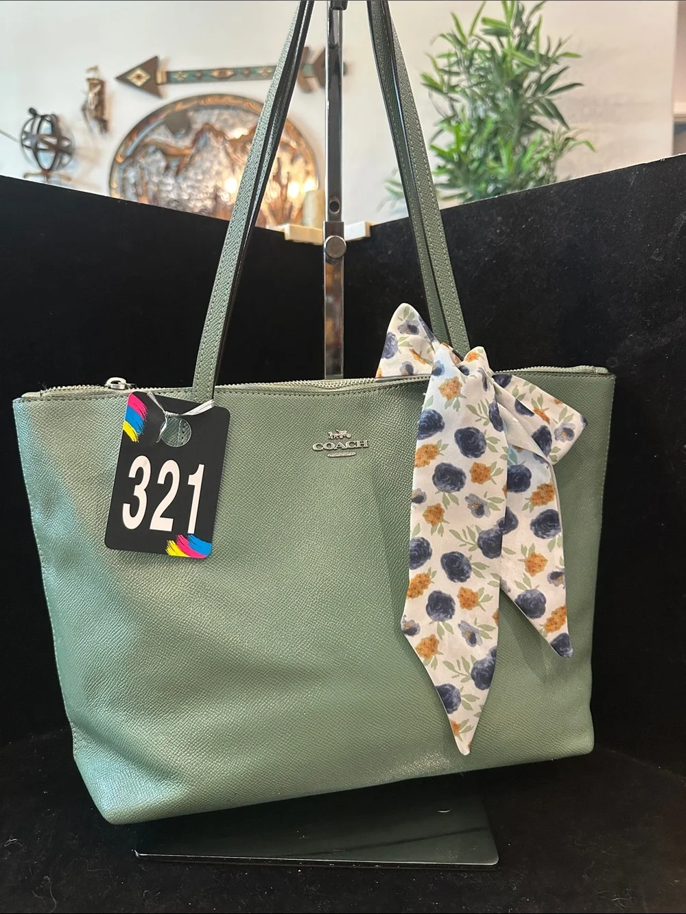 Coach # 321 City Zip Top  Leather Tote Bag with Floral Scarf